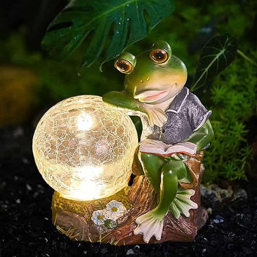 shumi Estatua solar de rana de jardín, luces para exteriores, estatuas de jardín, estatuas de rana, regalos impermeables para jardín, patio, césped