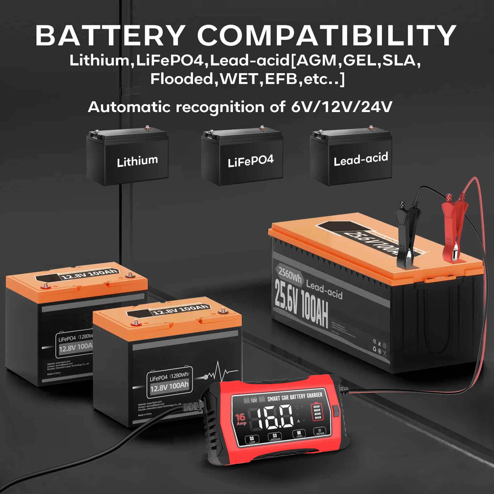 Haisito Ładowarka samochodowa 16 A, inteligentna automatyczna ładowarka 6V/12V/24V do akumulatorów ołowiowych (AGM/GEL/SLA/EFB) i LiFePO4, 10-stopniowy konserwator z ekranem LCD do samochodu