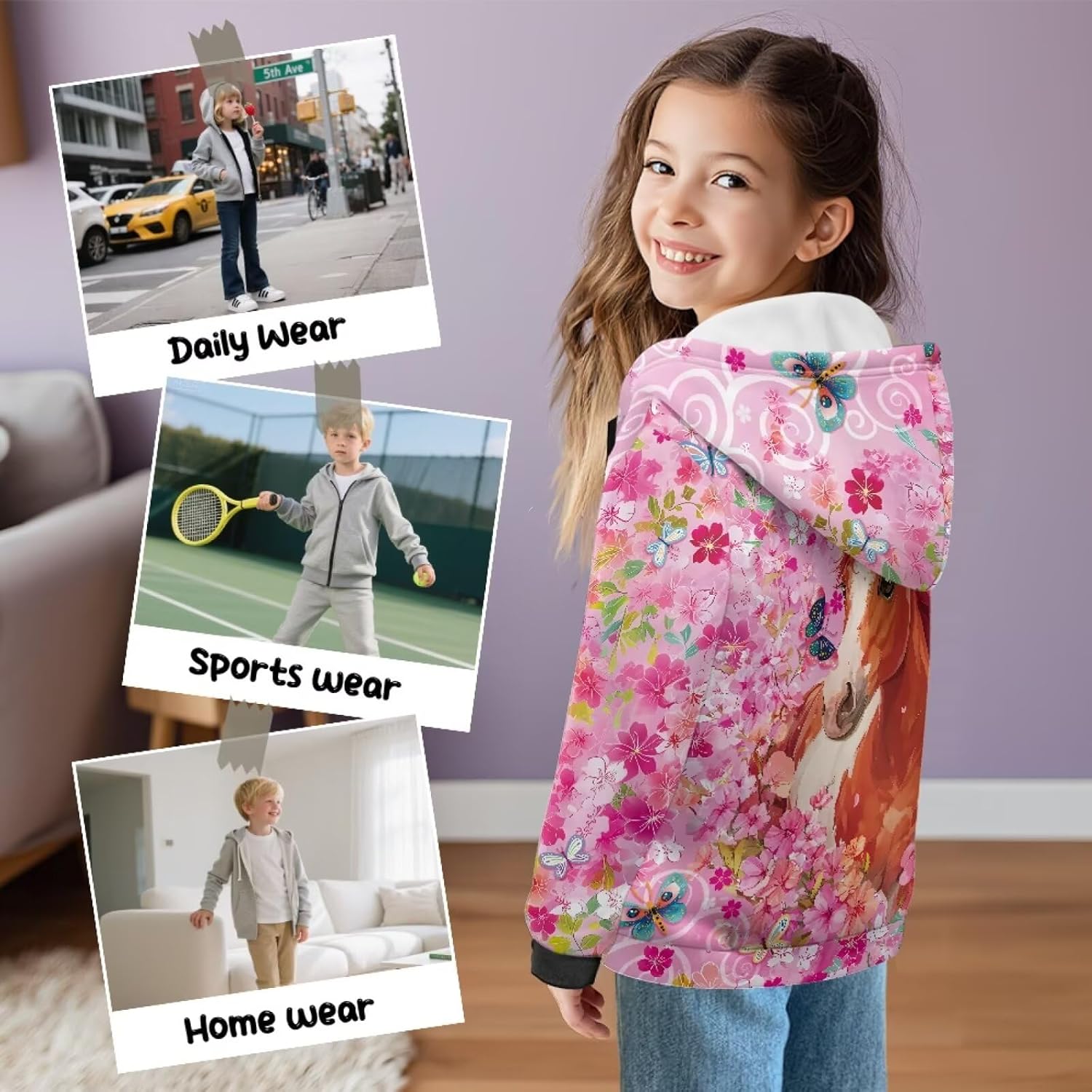 Horse Print Fleece Hoodies for Boys Girls Casual Long Sleeve Zipper Hooded Sweatshirts Winter Tops