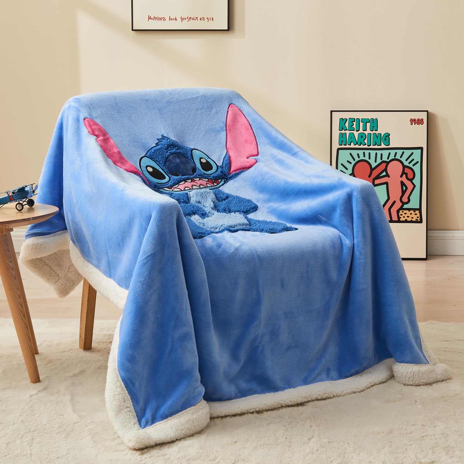 NEWCOSPLAY Sherpa Fleece Throw Blanket 3D Cartoon Embroidered Gift Blanket for Couch Warm and Plush(Stitch, (50"X60"))