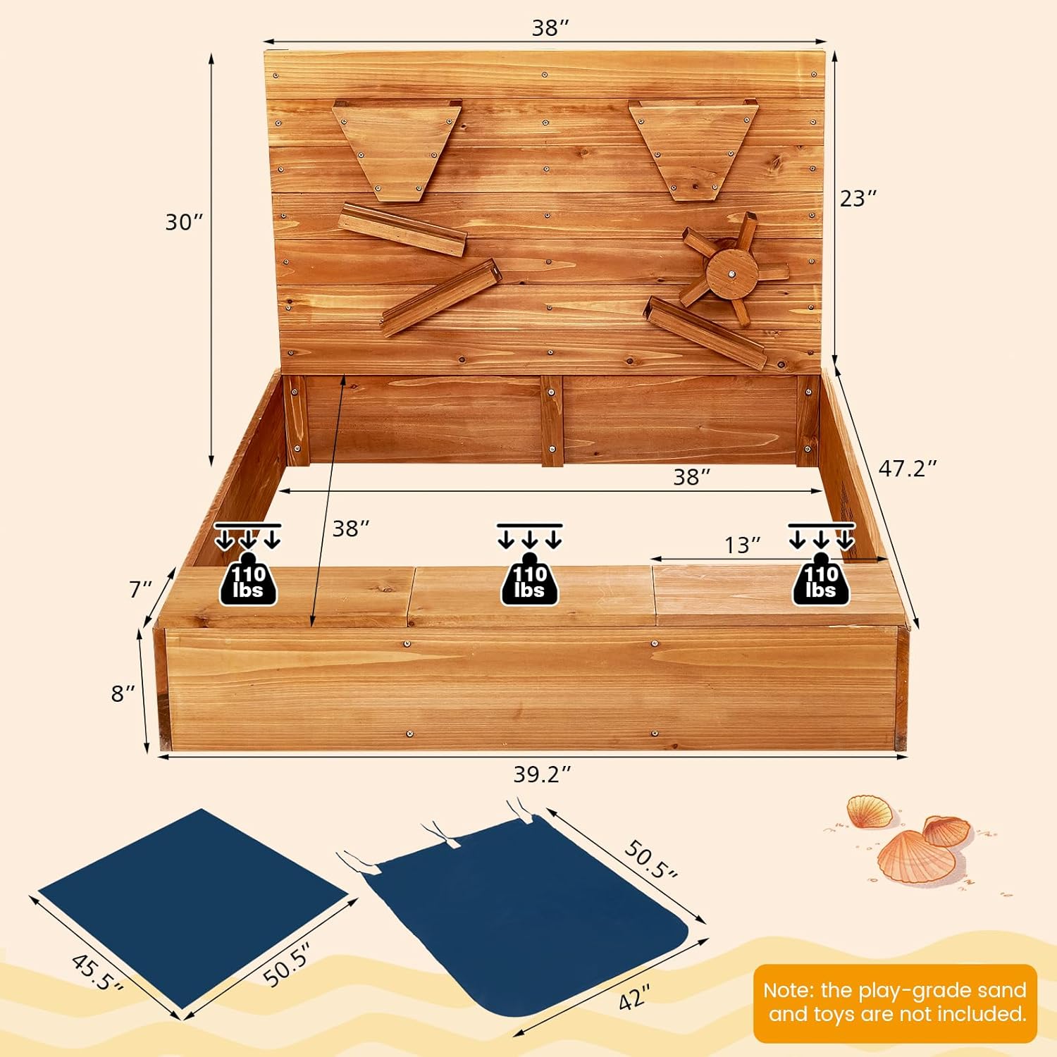 GLACER Kids Sandbox, Wooden Children Outdoor Play Sand Pit w/Fabric Liner, Funnel Chutes, Spinning Wheel & 3 Storage Space, for Backyard Beach Lawn Garden, Bottomless Sand Box for Kids
