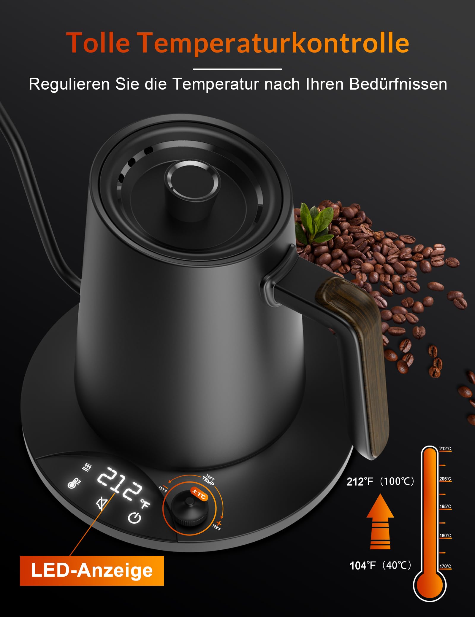 Schwanenhals Wasserkocher,1200W Elektrischer Kaffeekessel aus Edelstahl,Temperatureinstellung mit 24H Wärmefunktion,für Filterkaffee und Tee