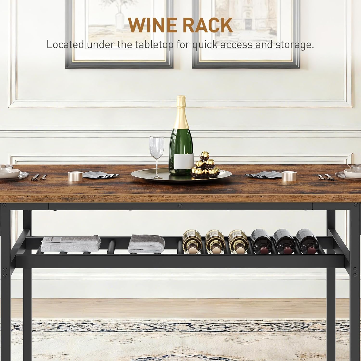 RALGEND 63" Extendable Dining Table for 4-6, Folding Kitchen Table with Drop Leaf, Farmhouse Dining Room Tables with Wine Rack, for Kitchen and Dining Room, Rustic Brown and Black