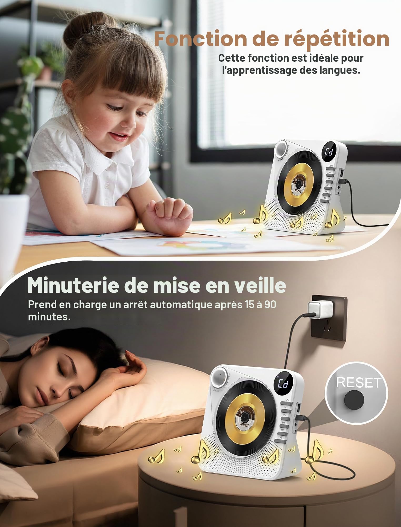 Lecteur CD Portable Greadio avec Bluetooth 5.1, lecteurs CD pour la Maison, Lecteur CD avec Haut-parleurs, télécommande, Housse de Protection, écran LED, Son Hi-FI, Lecture Via AUX/USB (Blanc)