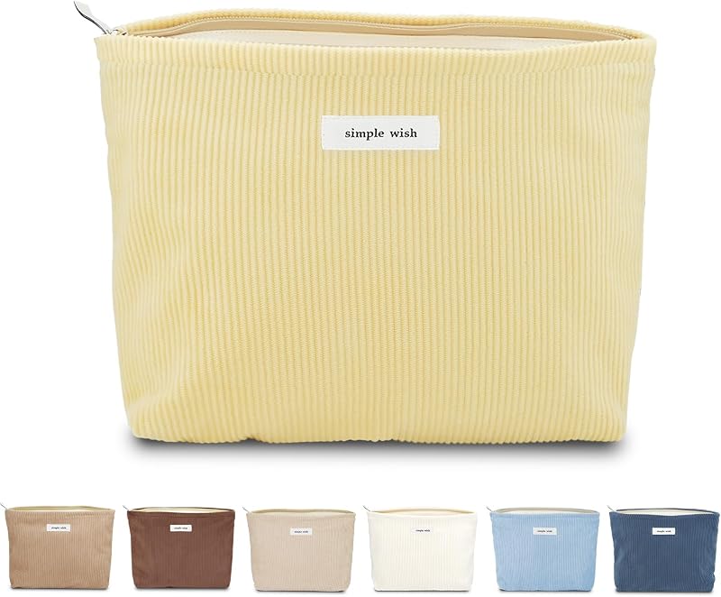 Necessaire Sminra de Veludo Cotelê com Zíper Amarelo-Creme