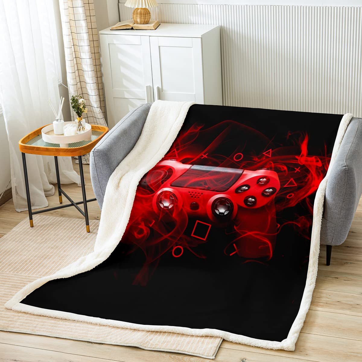 Loussiesd Gamepad Modern Gamer Bedroom Decor for Couch Bed Sofa Game Controller Fleece Throw Blanket Gaming Console Sherpa Blanket Red Black Room Decor King 87"*94" — image 1