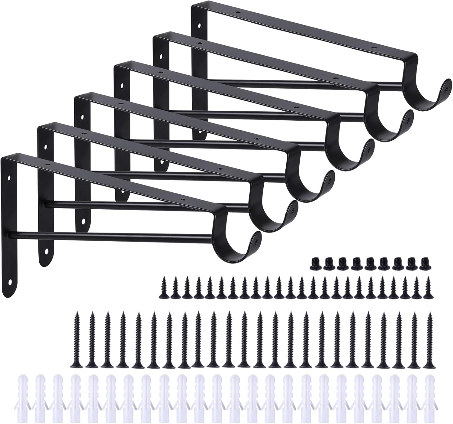 6 Pack Closet Rod Bracket Heavy Duty, Wall Mounted Closet Shelf Brackets, Metal Closet Shelf Brackets with Rod Support, Black