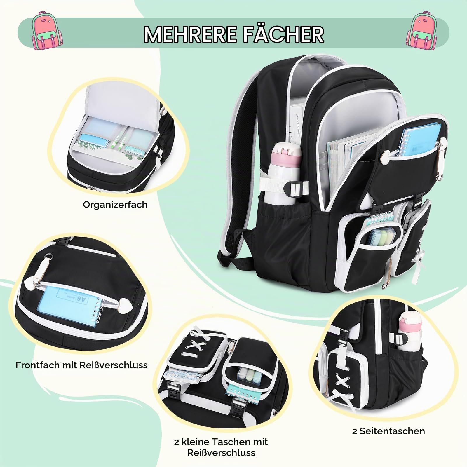 Tanou Schulrucksack Mädchen Teenager 3-tlg für Schule Reisen, Weiß Schwarz | Lässiger Schulranzen mit Lunchpaket Mäppchen für Mädchen 3. bis 7. Klasse, Stilvoll Mehrere Fächer Kinder Schultasche