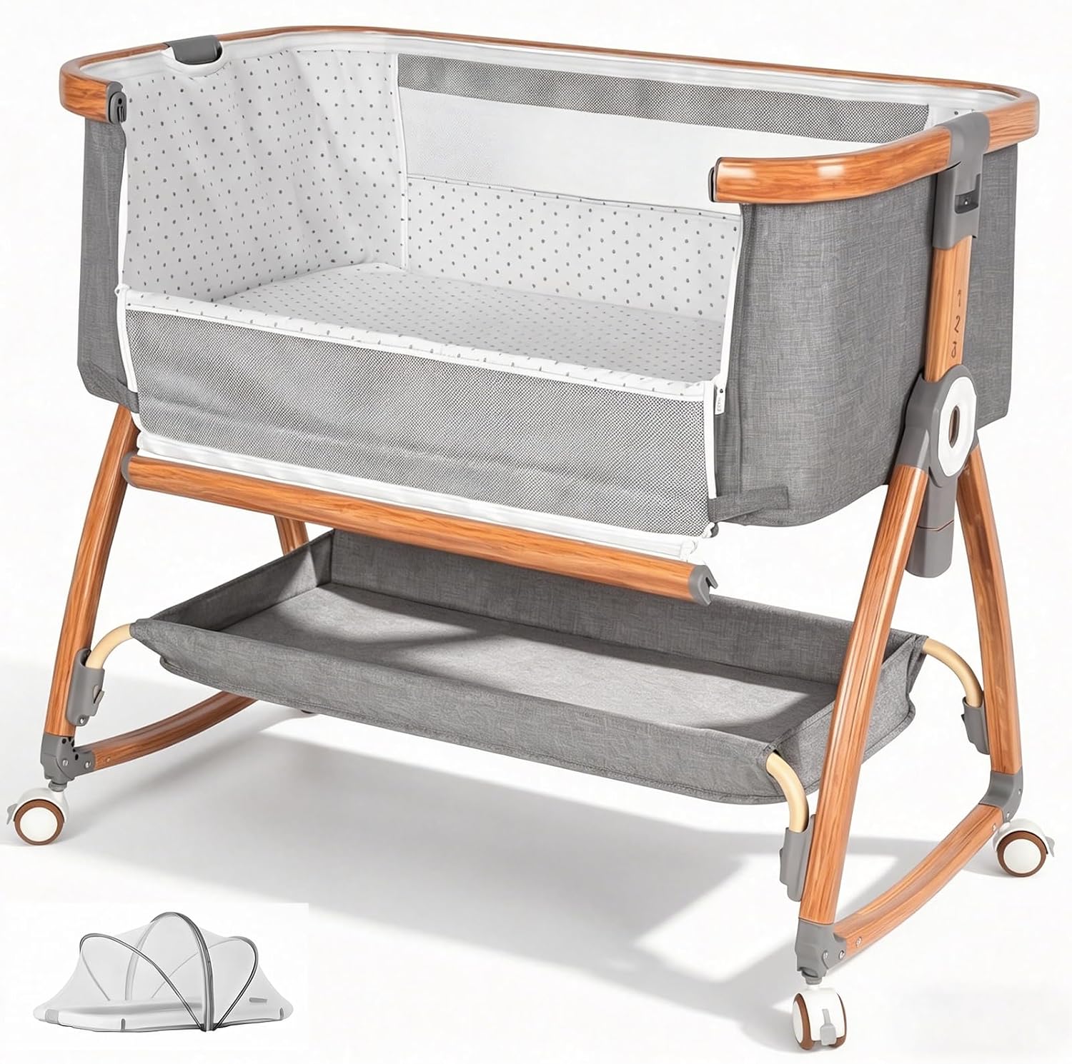 3-in-1 Bedside Bassinet for Newborn, Baby Bassinet & Bedside Sleeper with Rocking Mode, 6-Height Adjustable, Wheels, Storage Basket and Mosquito Net, Portable Infant Crib, Grey