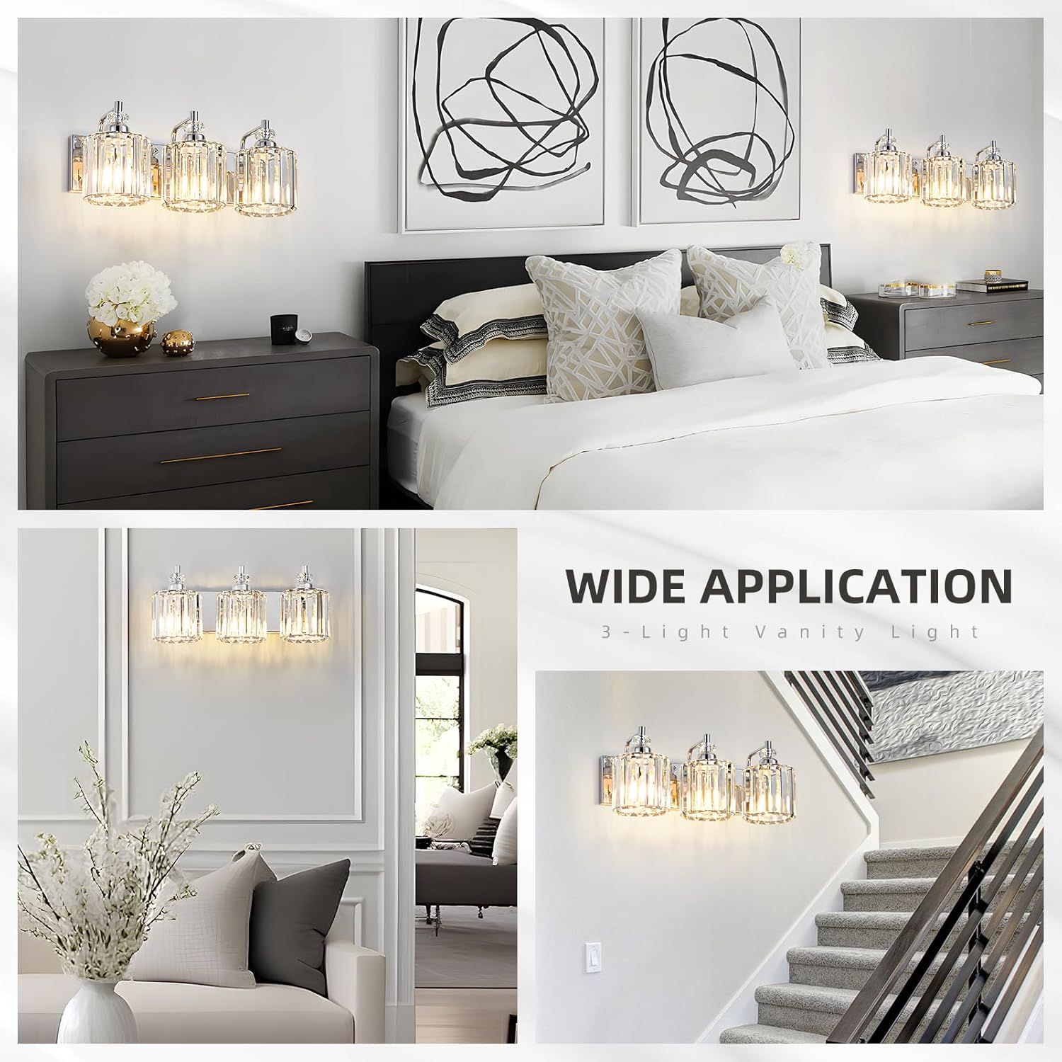 3-Light Modern Bathroom Light Fixture Chrome Bathroom Vanity Lights Over Mirror Wall Sconce Lighting with K9 Crystal Shades E26 Base for Bedroom, Living Room, Hallway, Cabinet Wall Lamp