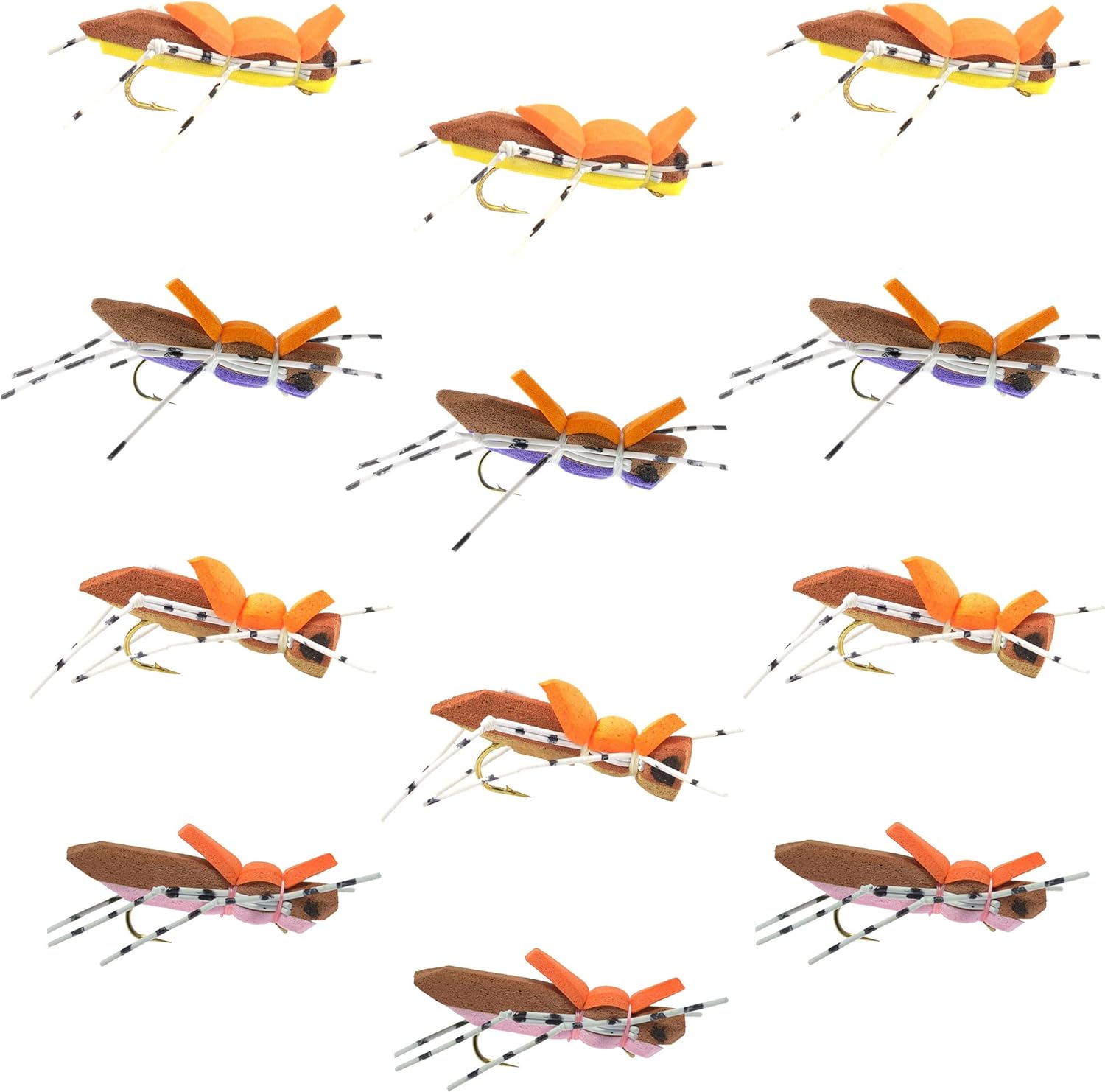 The Fly Fishing Place Morrish Hopper Foam Body Grasshopper Assortment Dry Fly - 12 Flies - 4 Colors - Hook Size 10 - Hopper Dropper Indicator Fly