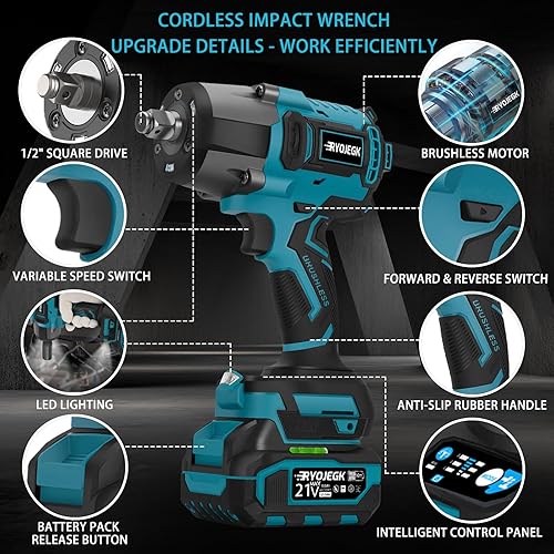 Miniatura 9 de Llave de impacto de 1500 N.m, pistola de impacto inalámbrica de 1107 pies-libras de 12 pulgada, destornillador de impacto de potencia sin escobillas