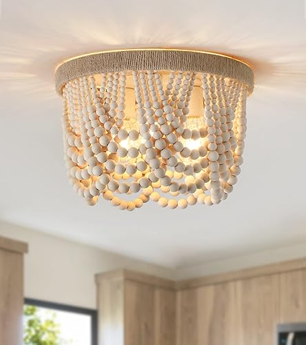 AZMASA - Lámpara de techo con cuentas de madera, estilo bohemio, de montaje empotrado, cuerda de cáñamo, 3 luces para guardería, dormitorio,