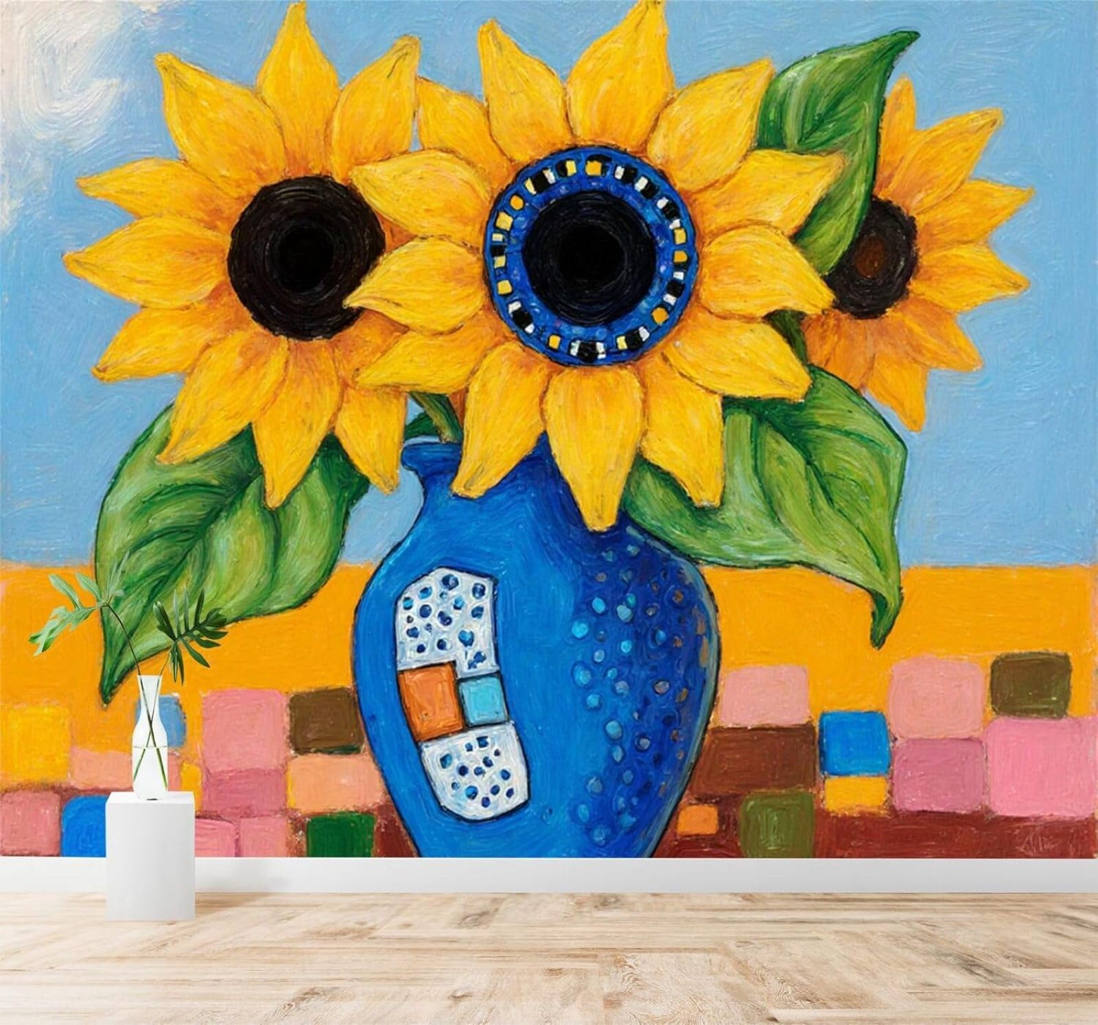 Xlming 300Cm×210Cm(B×H) Creative Blue Vase Sunflowers Vibrant Colours 3D Wallpaper Premium Textured Silk Study Dining Living Room Bedroom Sofa Tv Wall Easy Install-300Cm×210Cm