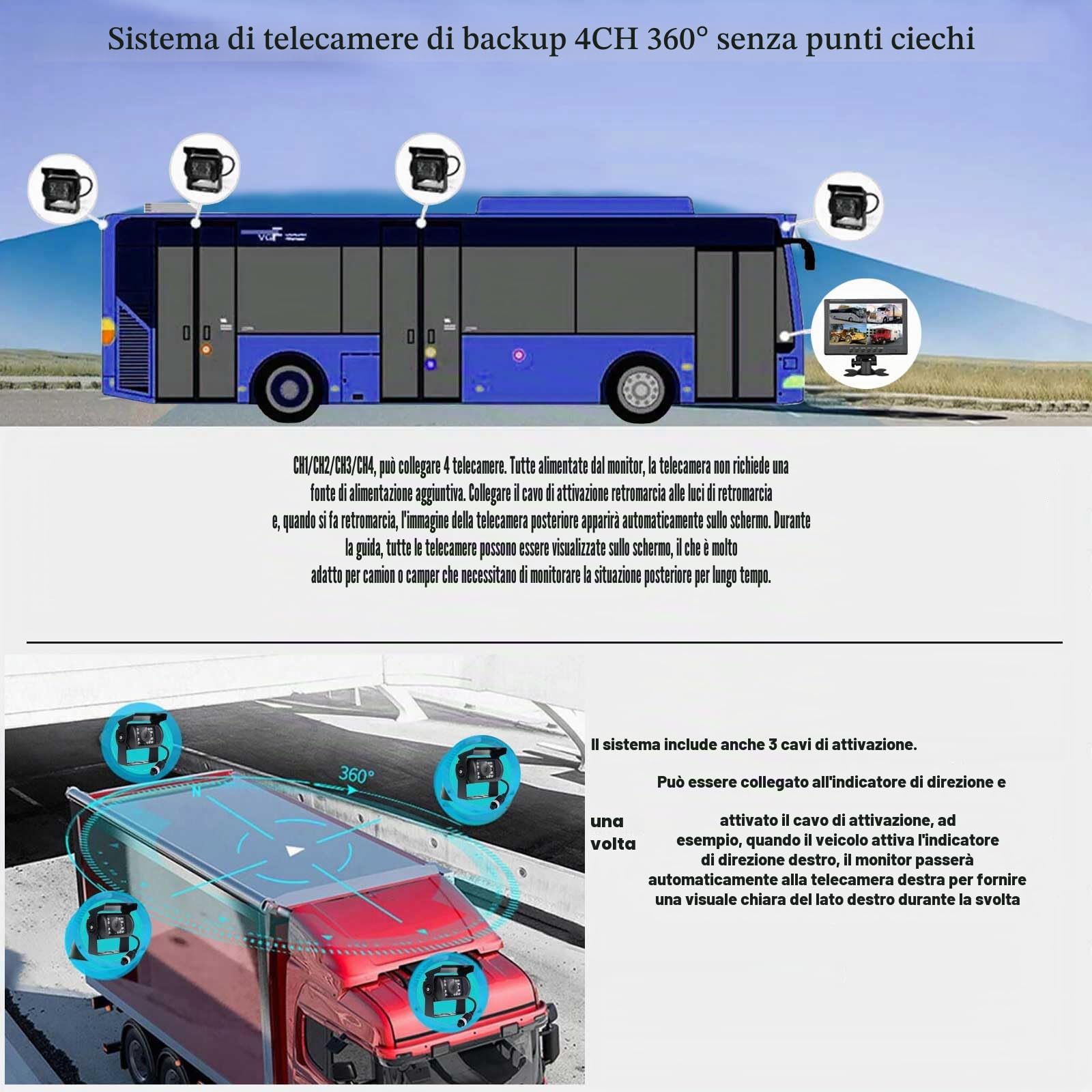 Camion Semirimorchio 9V-36V 9 "4-Split Monitor Schermo Kit telecamera di retromarcia | Telecamera posteriore impermeabile per visione notturna, 18 LED, con monitor a 4 canali, per autobus, roulotte, camper