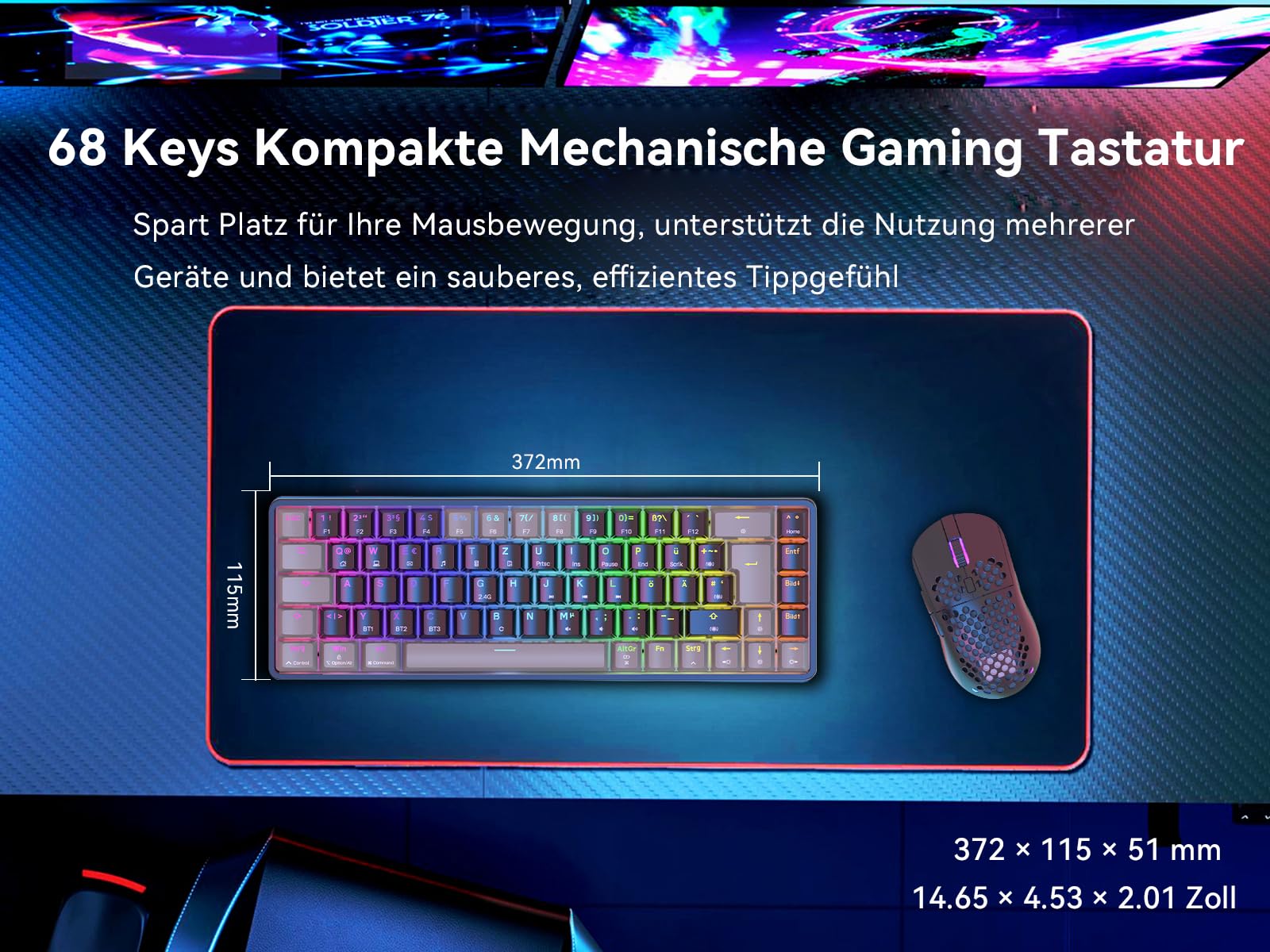 Dierya DK68 Kabellose Gaming Tastatur Deutsches Layout-QWERTZ,Bluetooth/2.4GHz/USB-C 68 Tasten RGB Beleuchtung Mechanische Tastatur,Linear Roter Switch,Grauschwarz