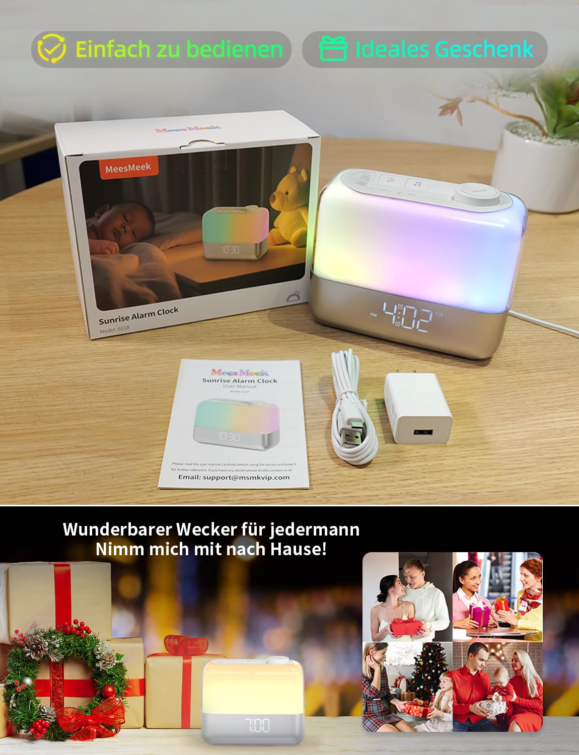 Sonnenaufgangswecker für Schlafzimmer: Wecklicht, RGB Nachtlicht, 9-Min Schlummer, 6 natürliche Klänge, 7 Lautstärken, wiederaufladbare Batterie, 2 laute Alarme für Schwerschläfer (Silber)