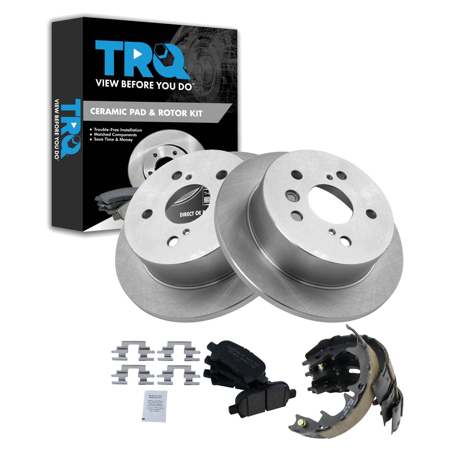 TRQ Rear Brake Pad and Rotor Set Ceramic Parking Brake Shoe Compatible with 2005-2007 Toyota Avalon 2002-2006 Camry 2004-2008 Solara