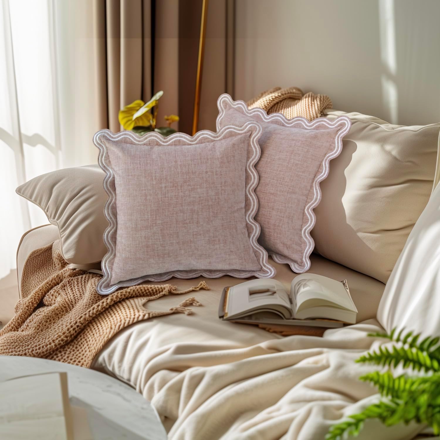 TINYSUN Scalloped Decorative Pillow Covers - Set of 2, Double-Sided Embroidered Scallop Design, Premium Chenille Cushion Covers for Living Room Sofa Couch Bed(Dusty Pink,18x18 Inch)