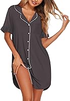 Ekouaer Women's Button Down Nightgown Short Sleeve V-Neck Sleep Shirt Ruffle Sleeves Boyfriend Pajama Dress