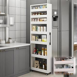7-Tier Slim Storage Cart 72.4in Rolling Spice Rack Next to Fridge Wood Shelving Unit Organizer Trolley with Handle Lightweight Narrow Kitchen Cart for Small Spaces(White,5.9"Wx21.7"Dx72.4"H)