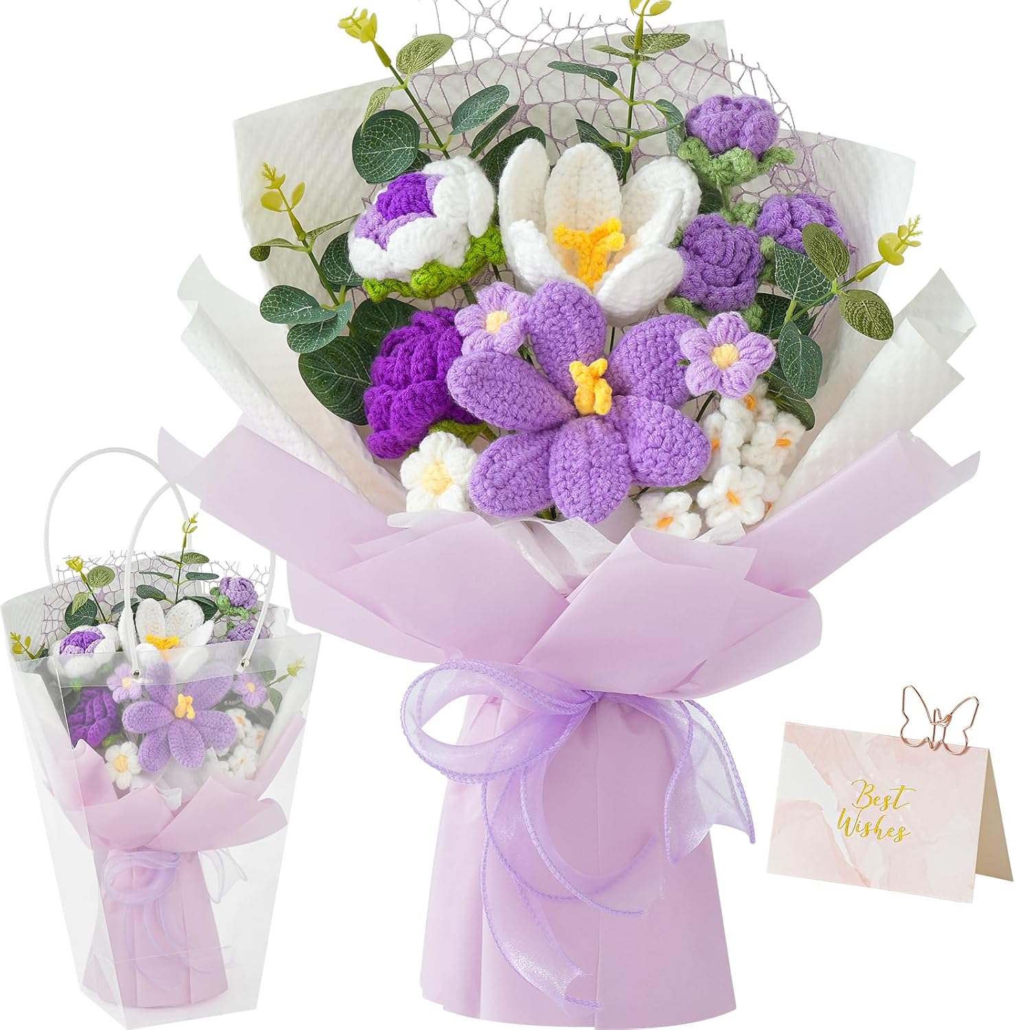 Crochet Flower Bouquet,Purple Knitted Flowers, Handmade Tulips Roses Bouquet for Birthday Party Mother's Day Graduation Gifts(With Card)