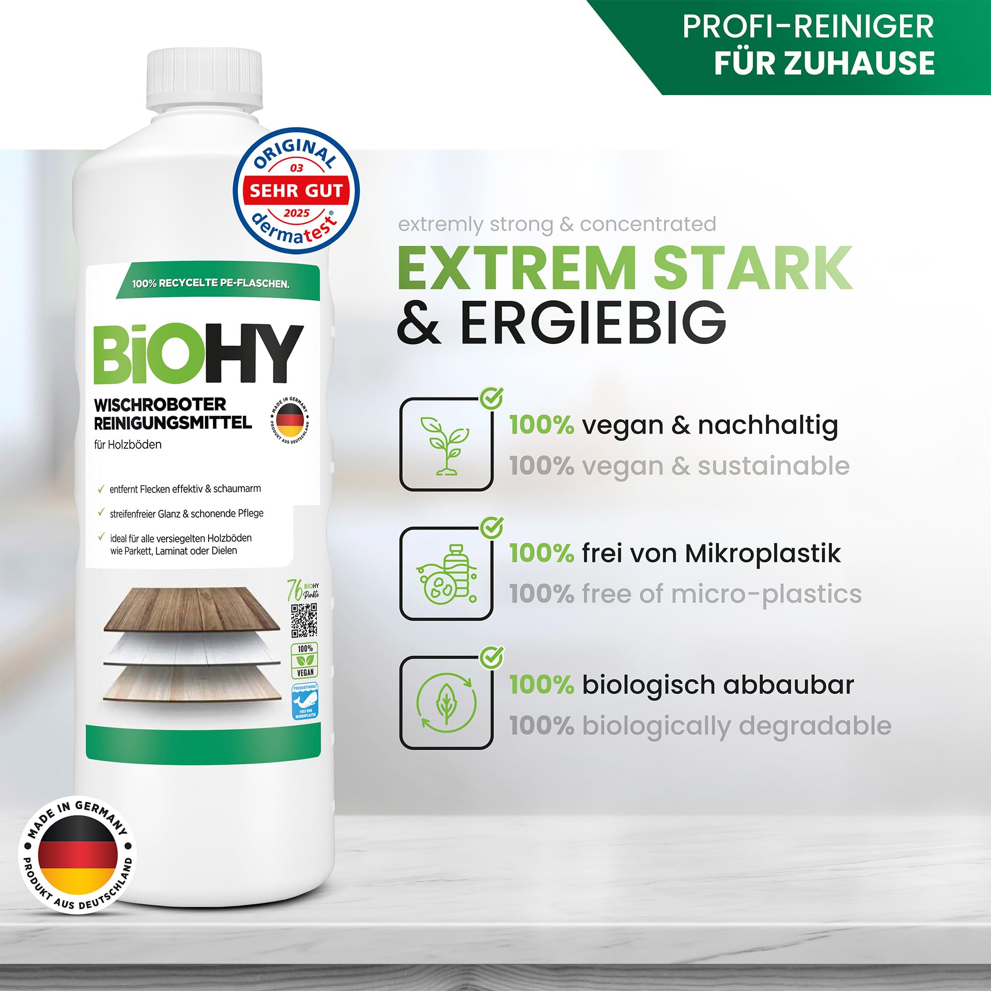 BiOHY Wycieranie detergentu robota (butelka 1l) | Środek do czyszczenia podłóg drewnianych | Parkiet i laminat | koncentrat o świeżym zapachu połysk bez smug (Wischroboter Holz)