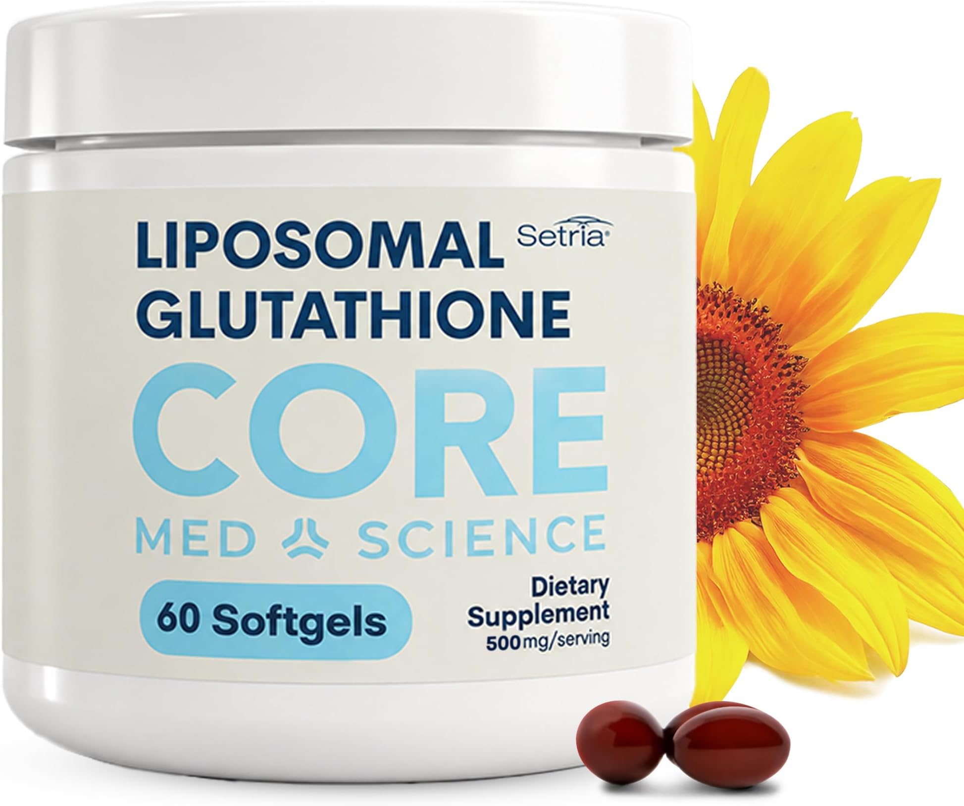 Core Med Science Liposomal Glutathione Soft Gels No-Taste Pure Reduced 500mg Liver Detox, Brain Function China-Free Soy-Free Gluten-Free