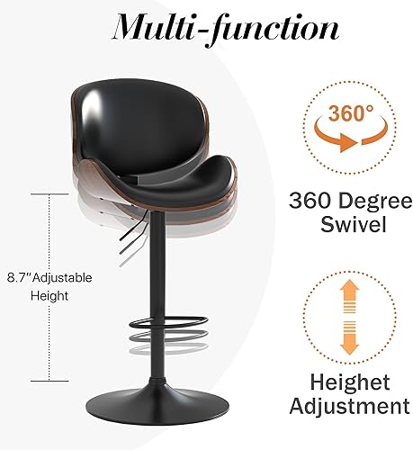 Miniatura 7 de Juego de 2 taburetes de bar giratorios ajustables, modernos taburetes de bar de madera curvada con base de metal grande y reposapiés, silla de bar