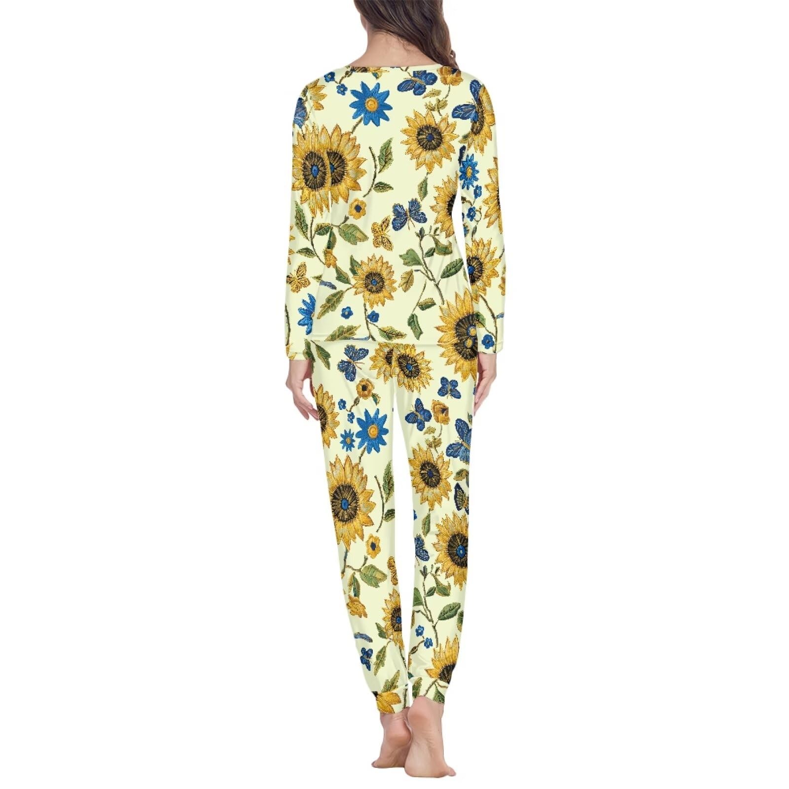 Biyejit Conjunto de pijama vintage de girasol para mujer, manga larga, cuello redondo, ropa de dormir casual con bolsillos para fiesta de pijama, hogar, 2 piezas XS-6XL, Girasol vintage, 6XL