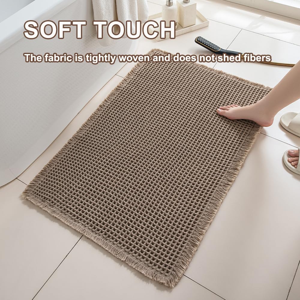 Waffle Bath Mat, Boho Bathroom Rugs Non Slip Washable, Ultra Soft Absorbent Quick Dry Farmhouse Rubber-Backed Bath Mat, Suitable for Bathroom (Off White, 24" x 72" (Runner))