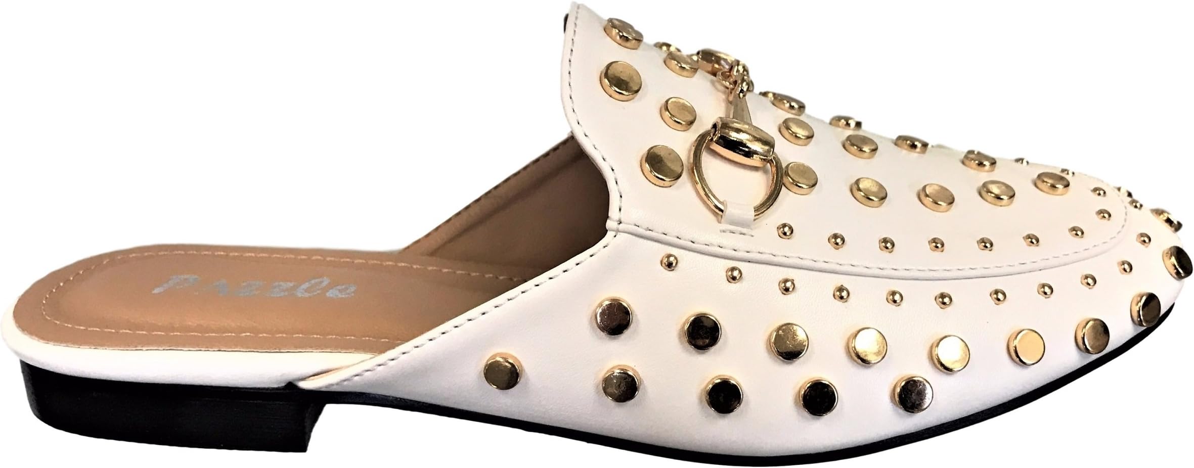 PAZZLE Kandi-05 Women Mule Oxford Slide Slip On Flat Loafer Shoe Spikes Stud White