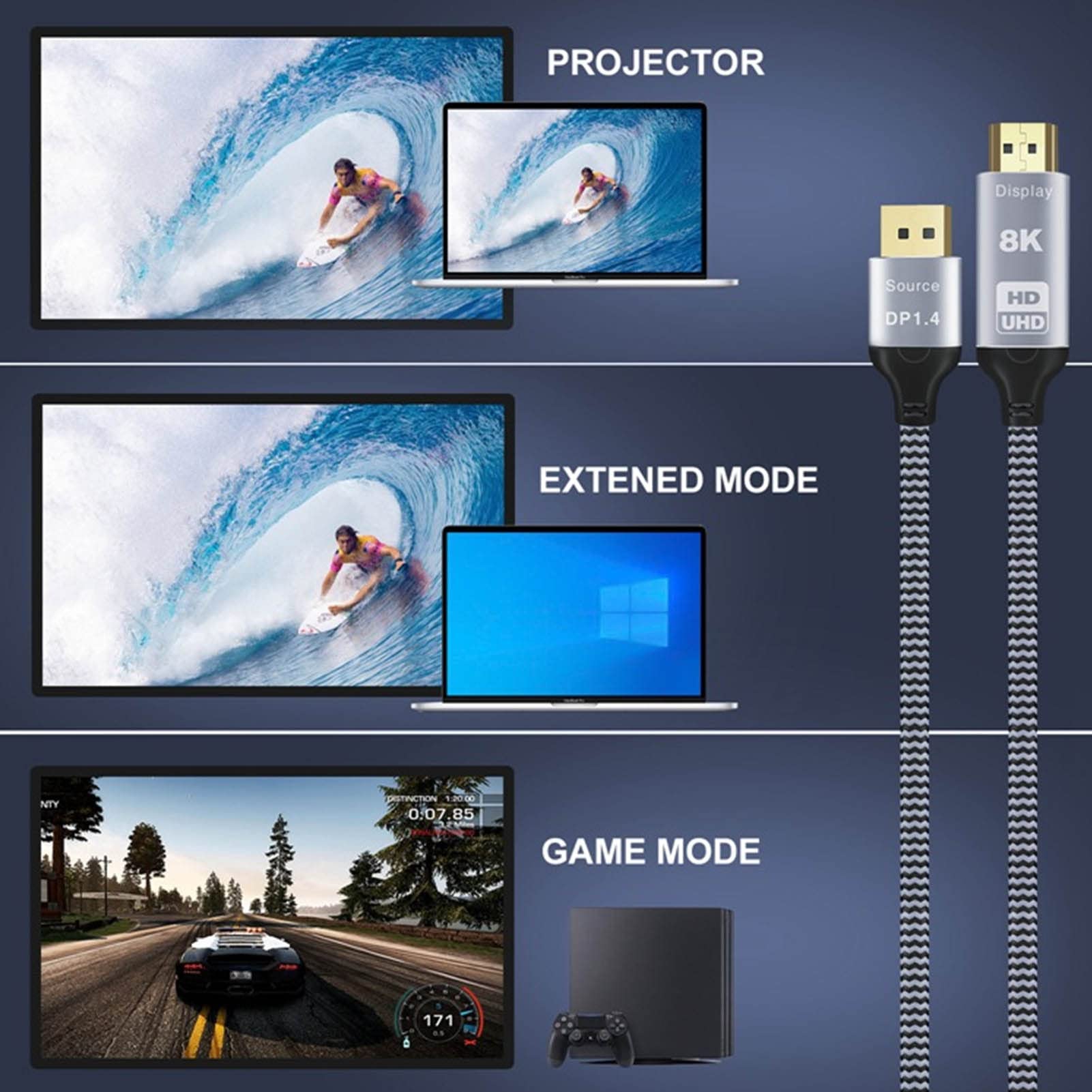 Septpenta Interfaccia Multimediale da Displayport 1.4 a HD, 8K 30Hz O 4K 120Hz, Supporto Modalità Mirror Ed Espansione, Guscio in Alluminio Connettore Placcato Oro, Lunghezza 6 Piedi