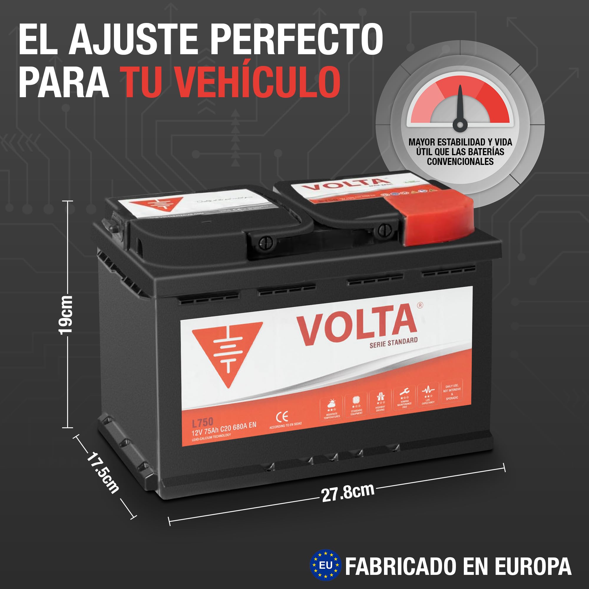 Bateria de Coche 75Ah 680A - Volta L750D - Borne +Dcha - Medidas Largo 278 x Ancho 175 x Alto 190 mm con 2 años de Garantía - Fabricación Europea.