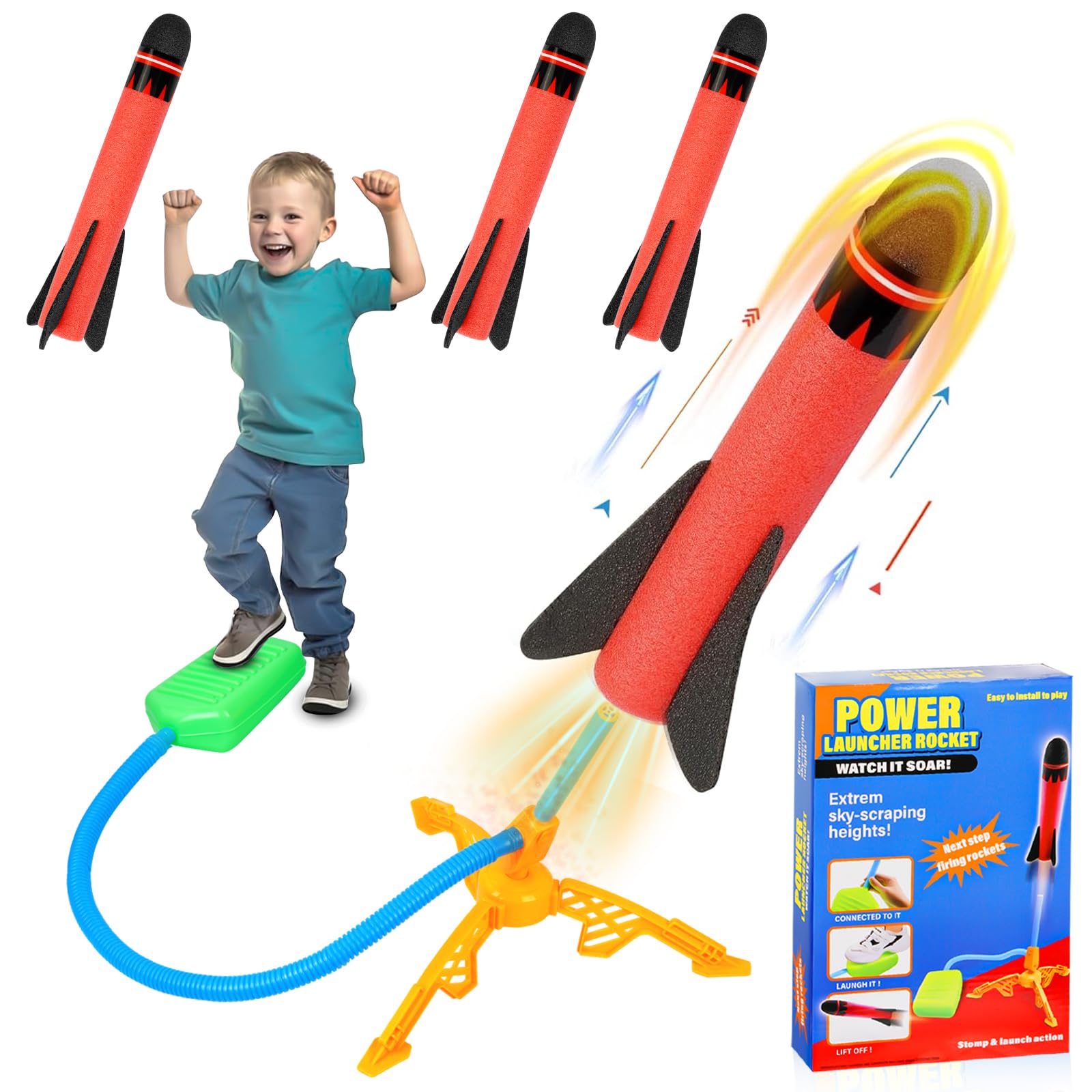 Cohete Juguete,Lanzador de Cohetes para niños,con 3 Cohetes de Espuma,Juegos Exterior Niños Jardin,Regalo Cumpleaños Infantil,para de 3-12 años Nniño Niña