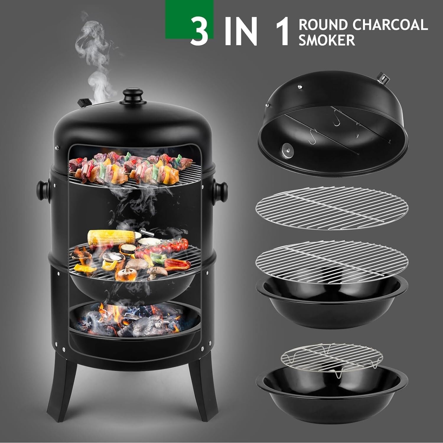 Barbecue portatile 3 in 1 a carbonella, 81,3 cm, affumicatore verticale per esterni, con termometro integrato e ganci, griglie a carbone con affumicatore per carne, per cucinare all'aperto, grigliare,
