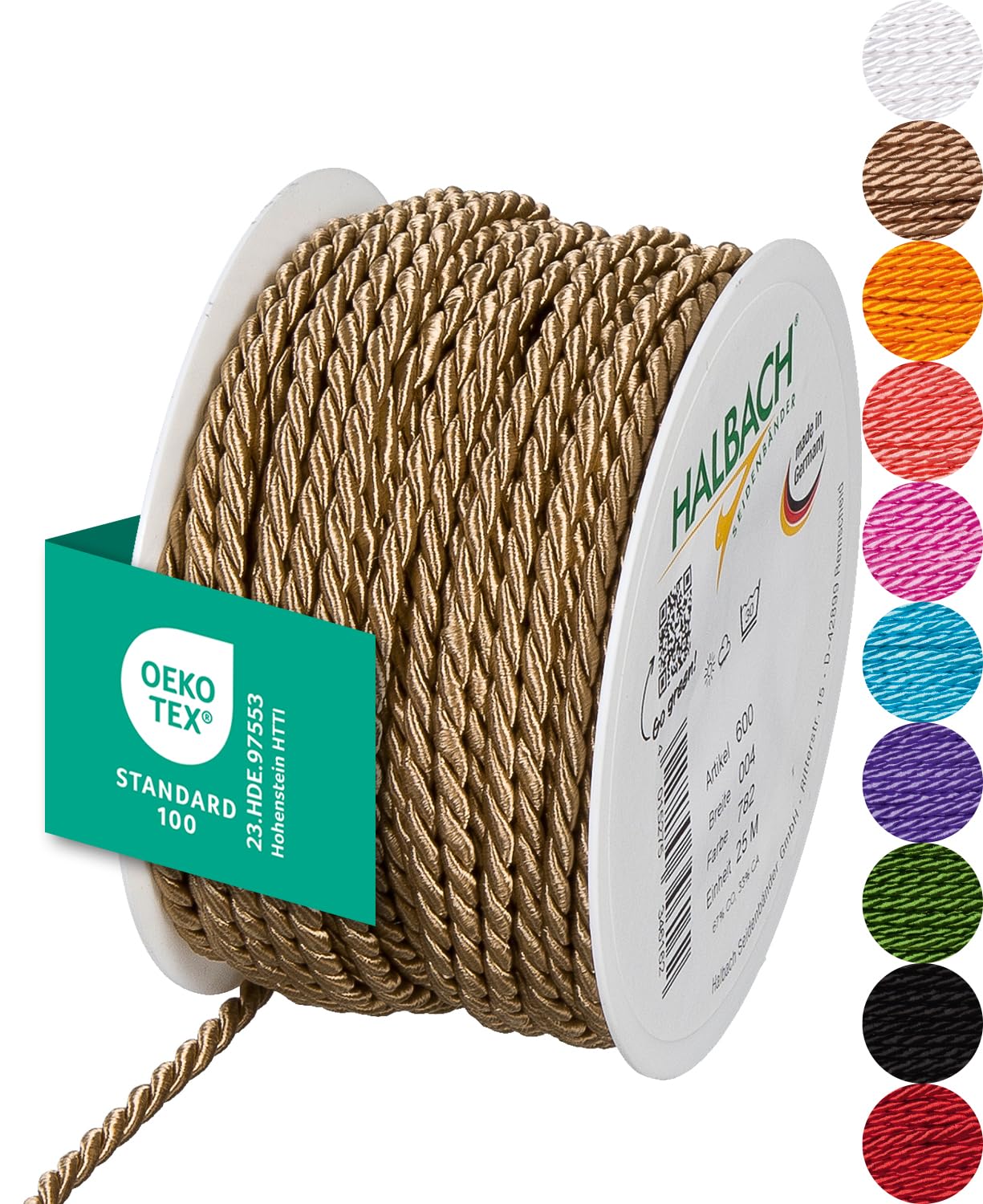 Halbach Seidenbänder Premium Kordel (Natur) | Breite 4mm Länge 25m | Made in Germany & Öko-Tex Zertifiziert | glänzende Satinkordel aus Acetat