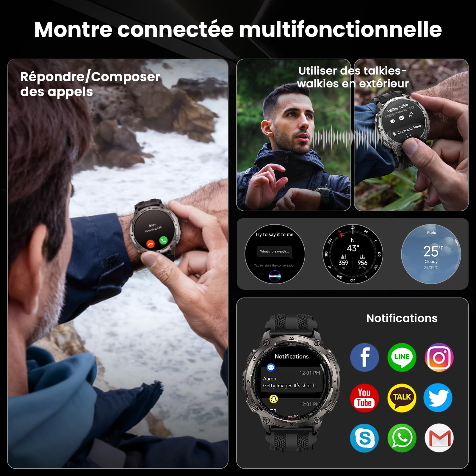 KOSPET Tank T4 GPS Montre Connectée Homme, Cartes Hors Ligne & Talkie-Walkie, Étanchéité 10ATM (Plongée 45M), Acier Inoxydable, Appels Bluetooth, Surveillance Santé 24/7, Compatible Android et iOS