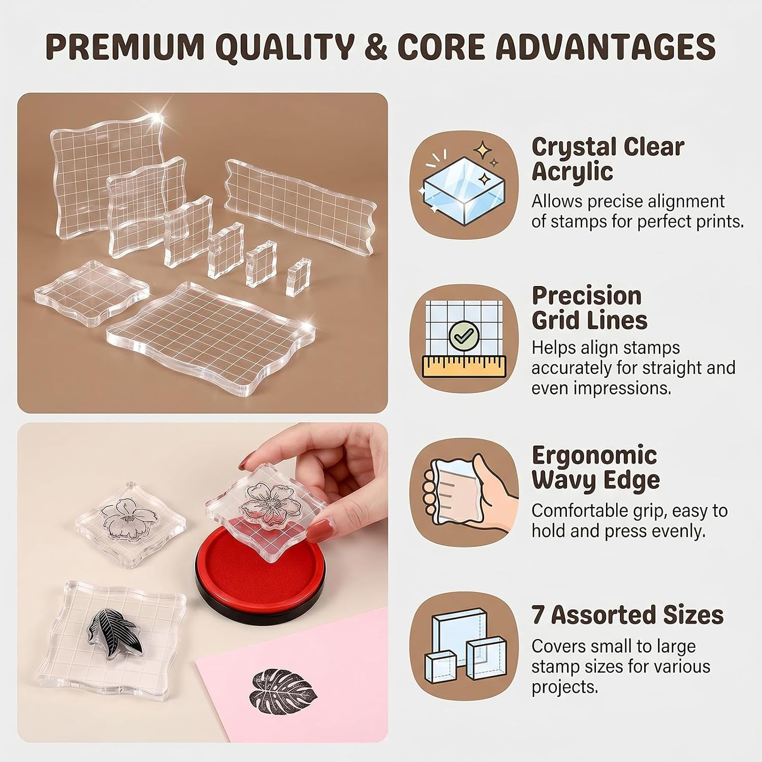 7Pcs Clear Acrylic Stamp Blocks Set with Grid Lines for Crafting | High-clarity acrylic material, precise printed grid lines, decorative lace edge, 7 size options, fits handmade craft projects