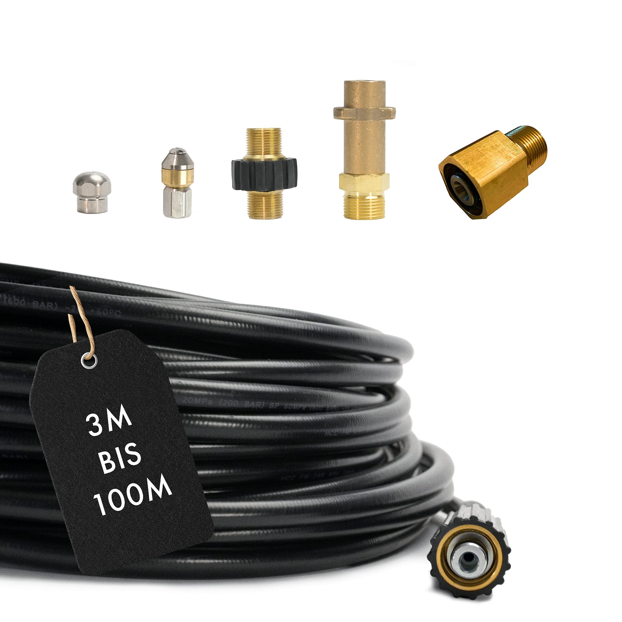 M&M Smartek tuyau déboucheur 3 m, kit 6 pièces, pour Kärcher/Kränzle | Kit déboucheur avec flexible, adaptateurs et buses selon variante; contrôler raccords, pression et contenu avant achat.