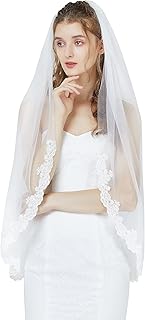 Wedding Bridal Veil with Comb 1 Tier Lace Applique Edge Fingertip Length 41" V88 Ivory White