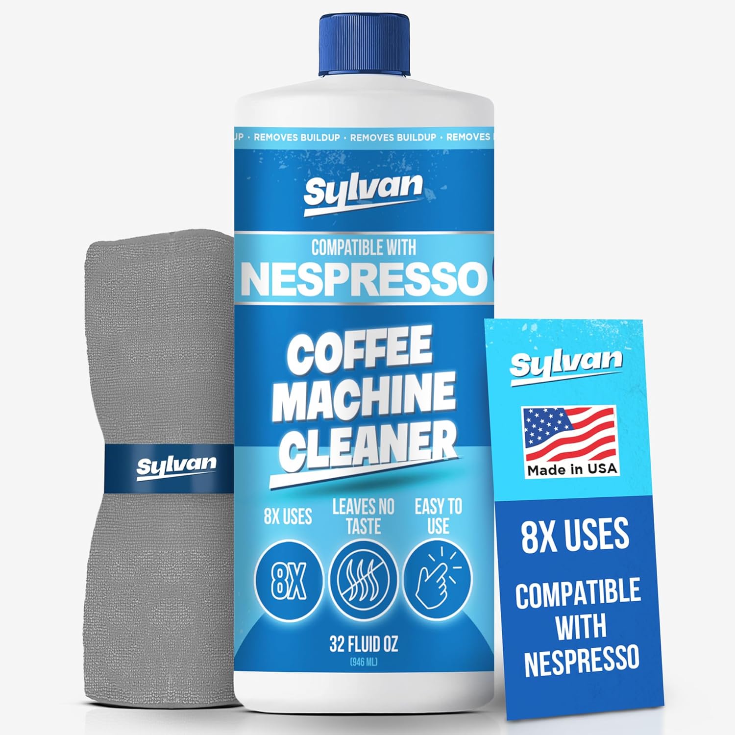 Descaling Solution Compatible with Nespresso Vertuo | Free Cleaning Cloth | 12 Month Supply | Made in the USA | Descaling Kit for all Nespresso Machines | 32 Oz | Coffee Machine Cleaner and Descaler