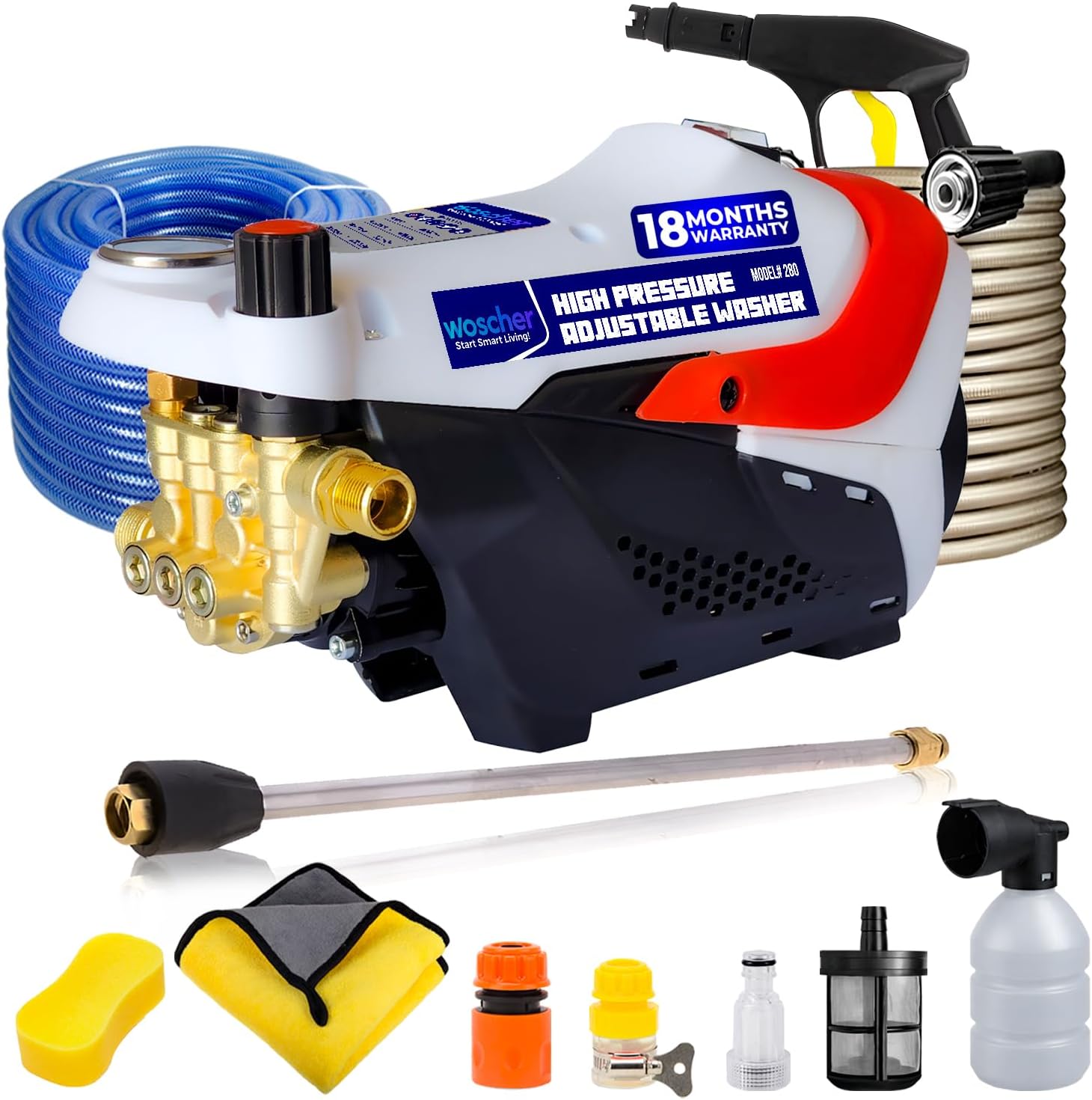 Woscher AquaWash+ Car Washer, Adjustable High Pressure Gun, Washing Pump for Car, Bike and Home Use Cleaning, 18 Months Warranty, 2200 Watts, 160 Bars