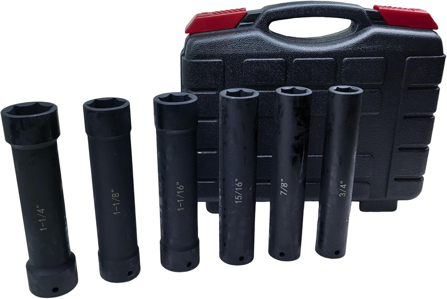 1/2 Inch Drive Extra Deep Impact Socket Set, 6.7" Long，6-Piece，Includes Sizes 3/4", 7/8", 15/16", 1-1/16", 1-1/8", 1-1/4", with Storage Case， for Long Threaded Rods，Bolts or Studs