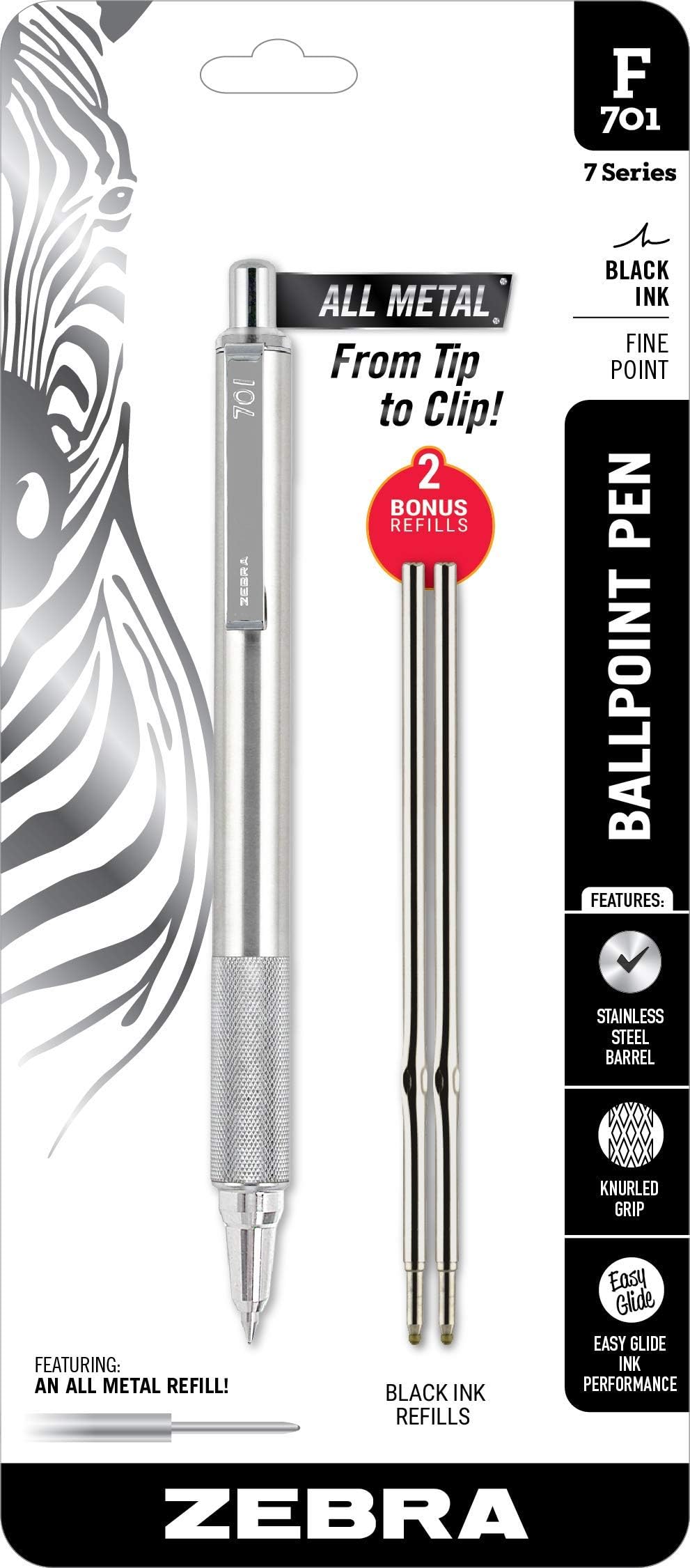 Zebra 21213 1 Count (Pack of 1) F-701 Metal Pen, Ballpoint Fine Point Stainless Steel Knurled Grip, 0.8mm Black Ink, F701 Retractable Silver Pen with 2 Ink Refills in Pack For Women & Men, Metallic