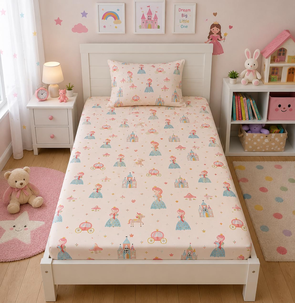 Bright Decor Little Dreamer Single Bedsheet with Pillow Cover | Soft Microfiber Printed Bed Sheet for Boys & Girls | Ideal for School Hostel, College Dorm, PG Room & Kids Bedroom – Little Princess-image-23