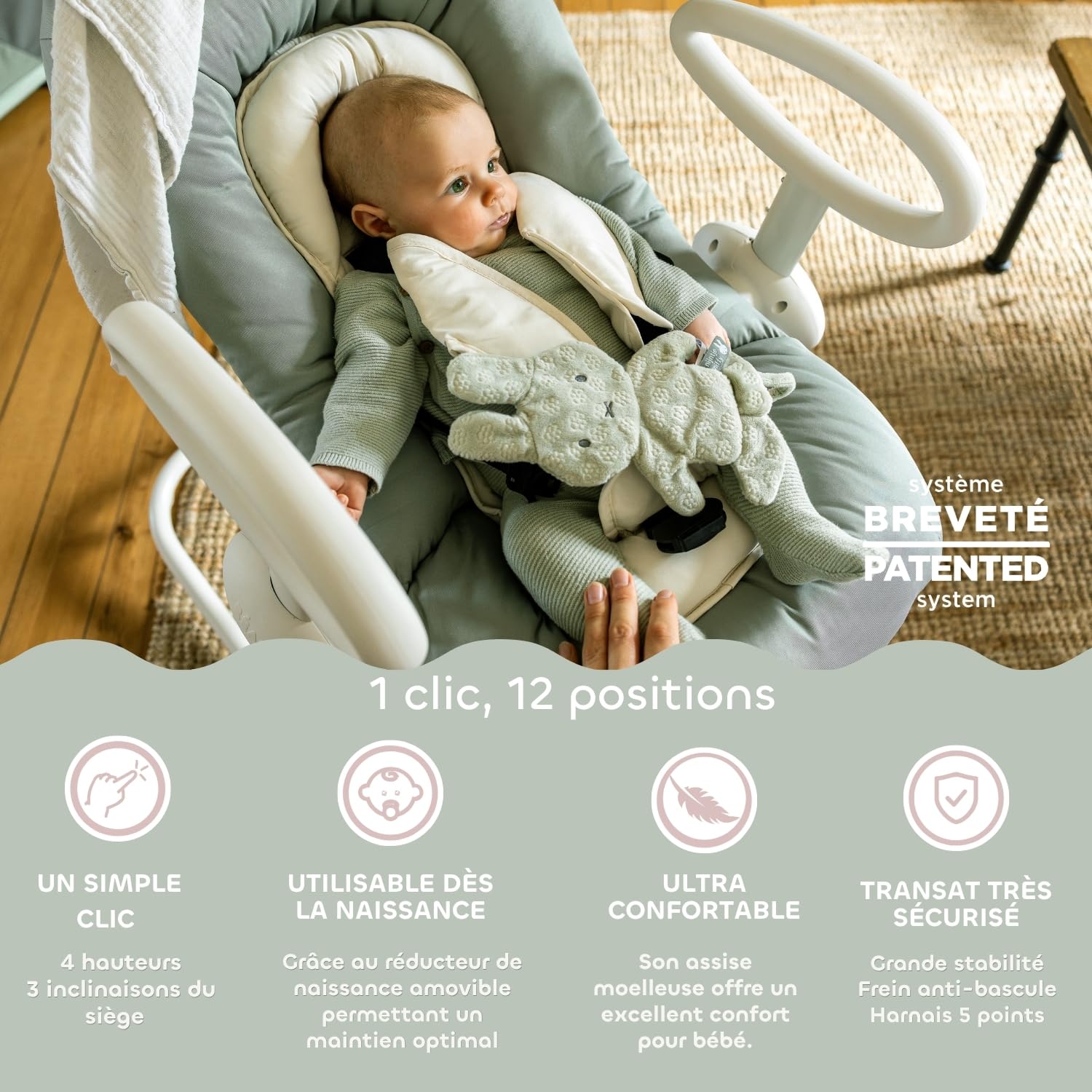 BÉABA, Transat Up & Down, Réglable 4 Hauteurs, 3 Inclinaisons, Vert de gris