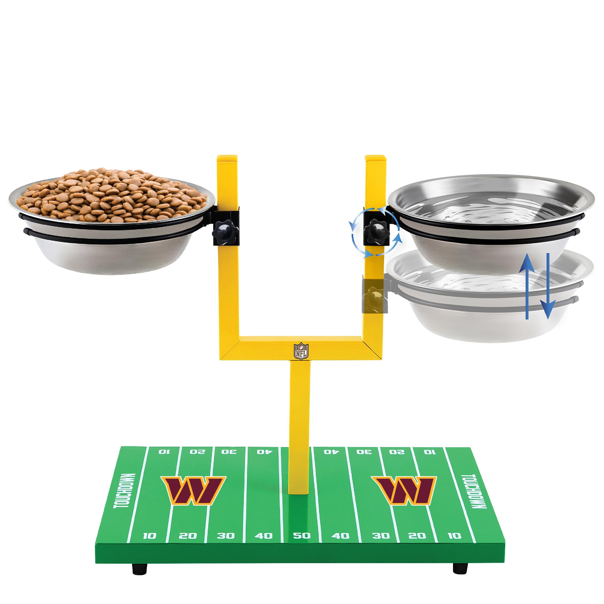 NFL Washington Commanders Goalpost Football Field Dog Feeder – Adjustable Elevated Dog Bowls with Stand, 2 Stainless Steel Bowls, Non-Slip Rubber Feet, Raised Pet Feeder for Large & Small Dogs, Cats.