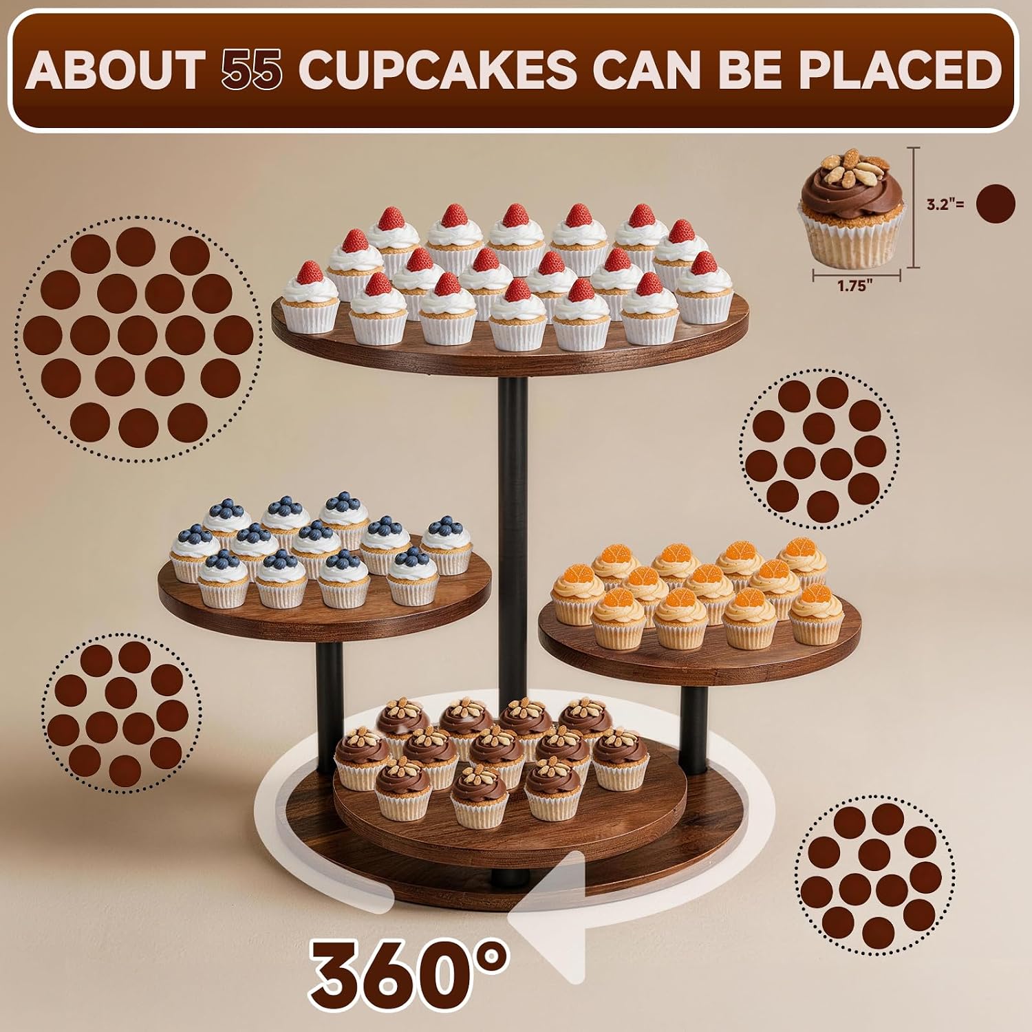 Cupcake Stand 4 Tier for 50 Cupcakes, 360° Rotatable Round Wooden Tiered Tray Cake Stand, Farmhouse Dessert Table Display Set for Party, Birthday, Wedding, Baby Shower and Tea Party image 4