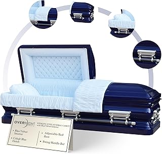 Overnight Caskets - Sterling Steel Funeral Casket Cobalt Blue with Blue Interior - Premium 18 Gauge Steel - Fully Appointed Adult Casket - Coffin Featuring Plush Velvet Interior with Pillow/Throw Set